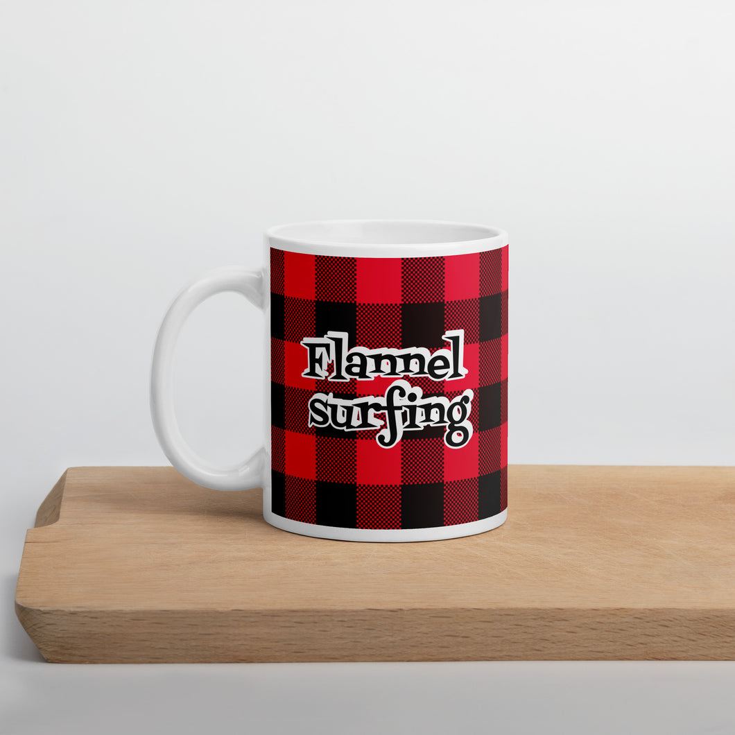 Flannel Surfing red check White glossy mug