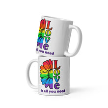 Load image into Gallery viewer, Daisy love is all you need White glossy mug fundraiser for Malan Syndrome Canada and CHEO
