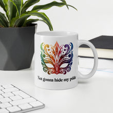 Load image into Gallery viewer, Masquerade Mask Rainbow Not gonna hide my pride White glossy mug
