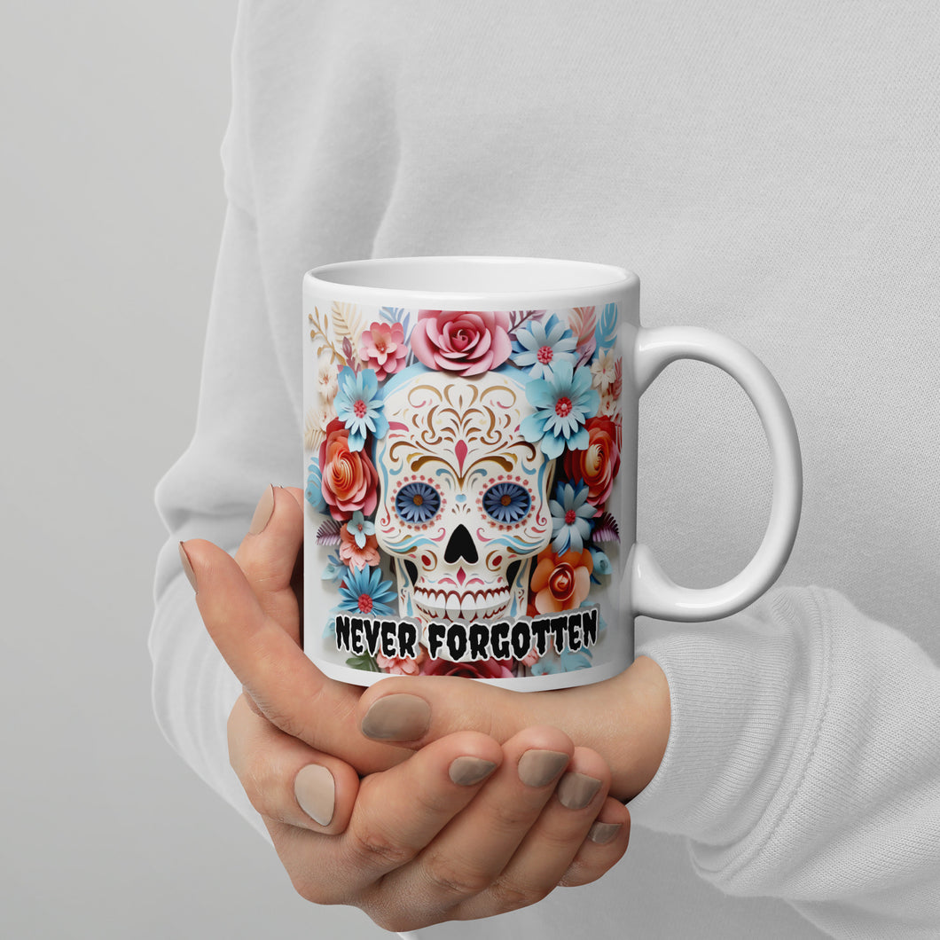 Never Forgotten Sugar Skull White glossy mug