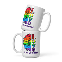 Load image into Gallery viewer, Daisy love is all you need White glossy mug fundraiser for Malan Syndrome Canada and CHEO
