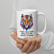 A tiger never loses sleep over the opinion of sheep White glossy mug