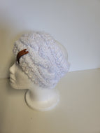 head band, made with love, handmade, made in Canada, cable knit, hand knit , white with silver