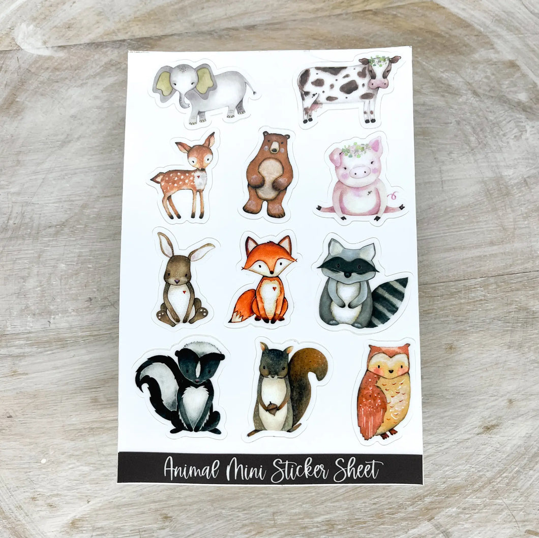 Savannah and James Co Animal Mini Sticker Sheet featuring cute woodland creatures and farm animals