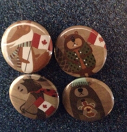 Pin Back buttons, beaver, moose, fox, bear, Canada flag, maple syrup