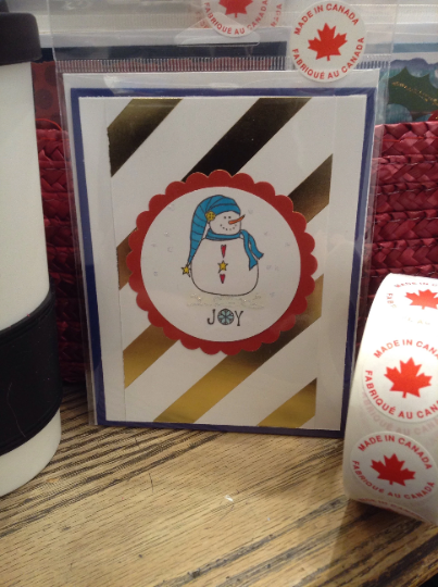 snowman, glitter, gold, red, made in Canada