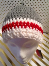 Load image into Gallery viewer, Grey, Red with White Trim Crochet Messy Bun/ Ponytail Hat / Topknot / Messy Bun Toque / Women&#39;s / Children&#39;s / Teen&#39;s Hat/ Winter Hat
