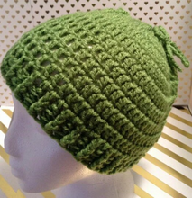 Load image into Gallery viewer, Green Hand Crochet Messy Bun/ Ponytail Hat / Topknot Hat / Messy Bun Toque / Women&#39;s Hat/ Children&#39;s Hat / Teen&#39;s Hat/ Winter Hat
