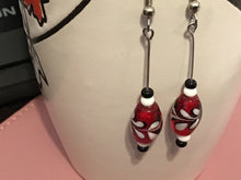 Load image into Gallery viewer, Red, Black and White lamp worked  beads and black and white glass seed beads Dangle Earrings, Handmade in Canada, Valentine, Holiday, Gift
