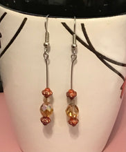 Load image into Gallery viewer, Topaz coloured with red and gold accent beads Dangle Earrings, Handmade in Canada, almost East Asian inspired.
