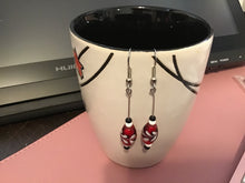 Load image into Gallery viewer, Red, Black and White lamp worked  beads and black and white glass seed beads Dangle Earrings, Handmade in Canada, Valentine, Holiday, Gift
