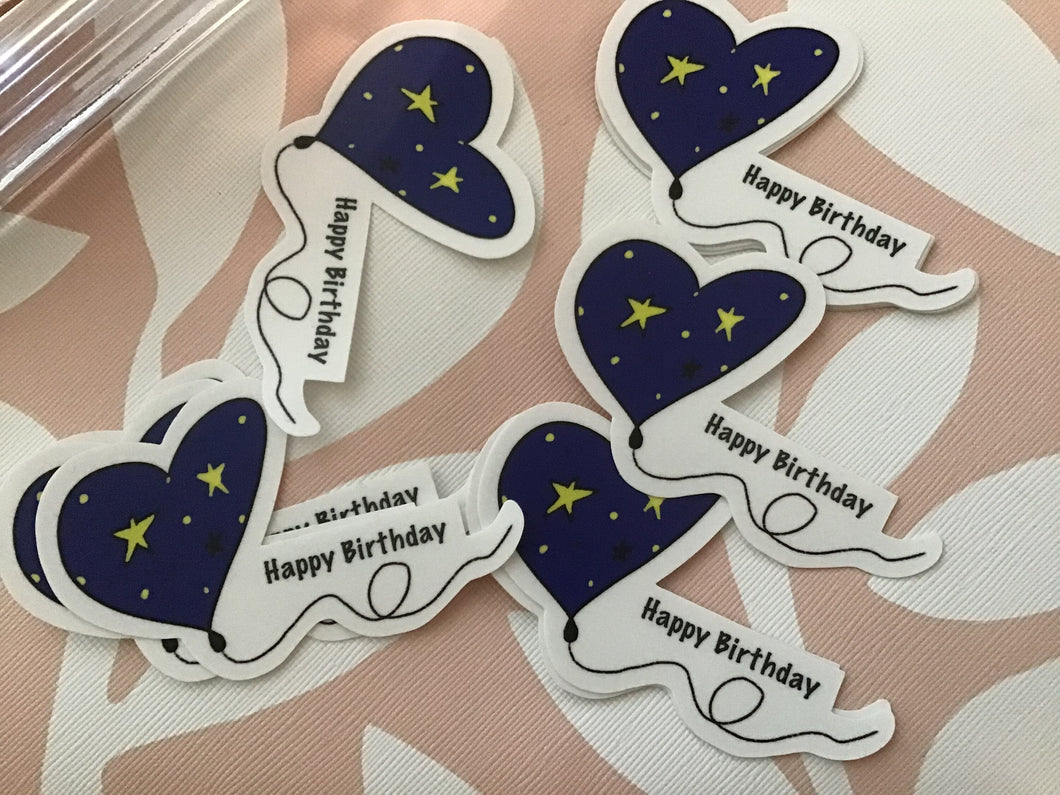 Happy Birthday Sticker - blue heart balloon, stars