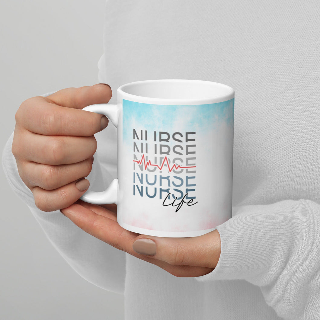 Nurse Life with Heartbeat White glossy mug