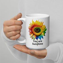 Load image into Gallery viewer, Rainbow Sunflower You Are Sunshine White glossy mug Fundraiser 10% will be split between Malan Syndrome and CHEO
