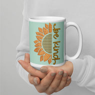 Sunflower Be Kind White glossy mug