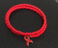 Wrap Around Heart Disease, AIDS/HIV, Burn Victims, Hemophilia, Substance Abuse, Tuberculosis Awareness Beaded Bracelet with Red Ribbon charm