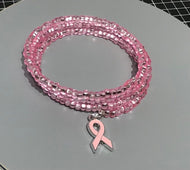 Wrap Around Breast Cancer Awareness Beaded Bracelet with Hope or Pink Ribbon charm.