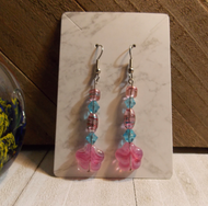 Pink flower, pink and blue beaded Dangle Earrings, Handmade in Canada