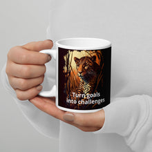 Load image into Gallery viewer, Leopard turn goals into challenges White glossy mug
