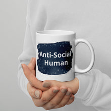 Load image into Gallery viewer, Anti-Social Human, mug, print on demand, white, navy, coffee mug, tea mug, hot chocolate mug, ceramic mug, microwavable, dishwasher safe. angsty teen, recluse, hermit
