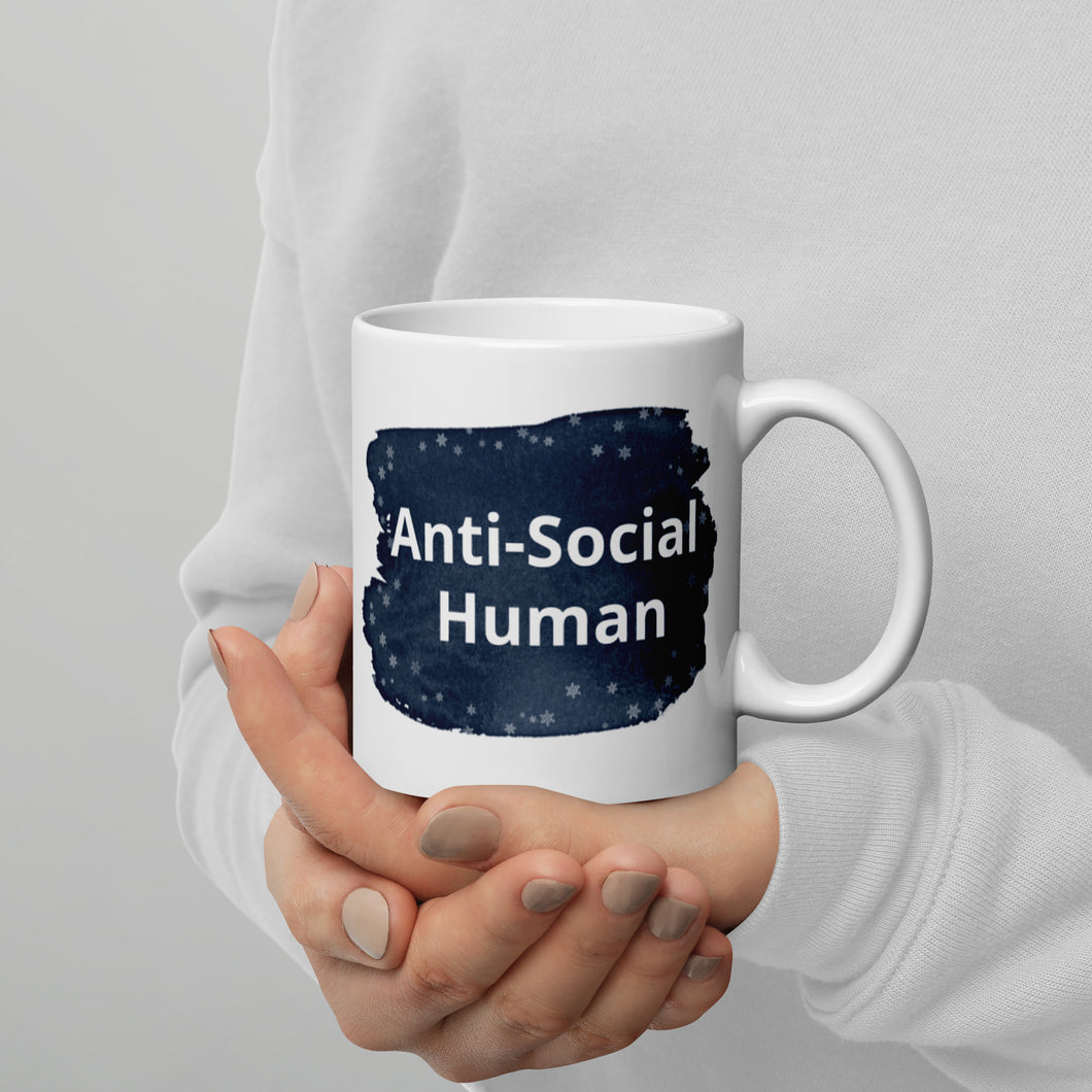 Anti-Social Human, mug, print on demand, white, navy, coffee mug, tea mug, hot chocolate mug, ceramic mug, microwavable, dishwasher safe. angsty teen, recluse, hermit