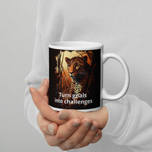 Load image into Gallery viewer, Leopard turn goals into challenges White glossy mug
