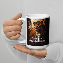 Load image into Gallery viewer, Leopard turn goals into challenges White glossy mug
