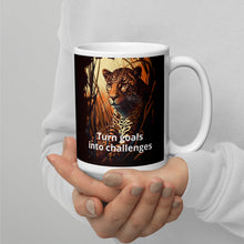 Load image into Gallery viewer, Leopard turn goals into challenges White glossy mug
